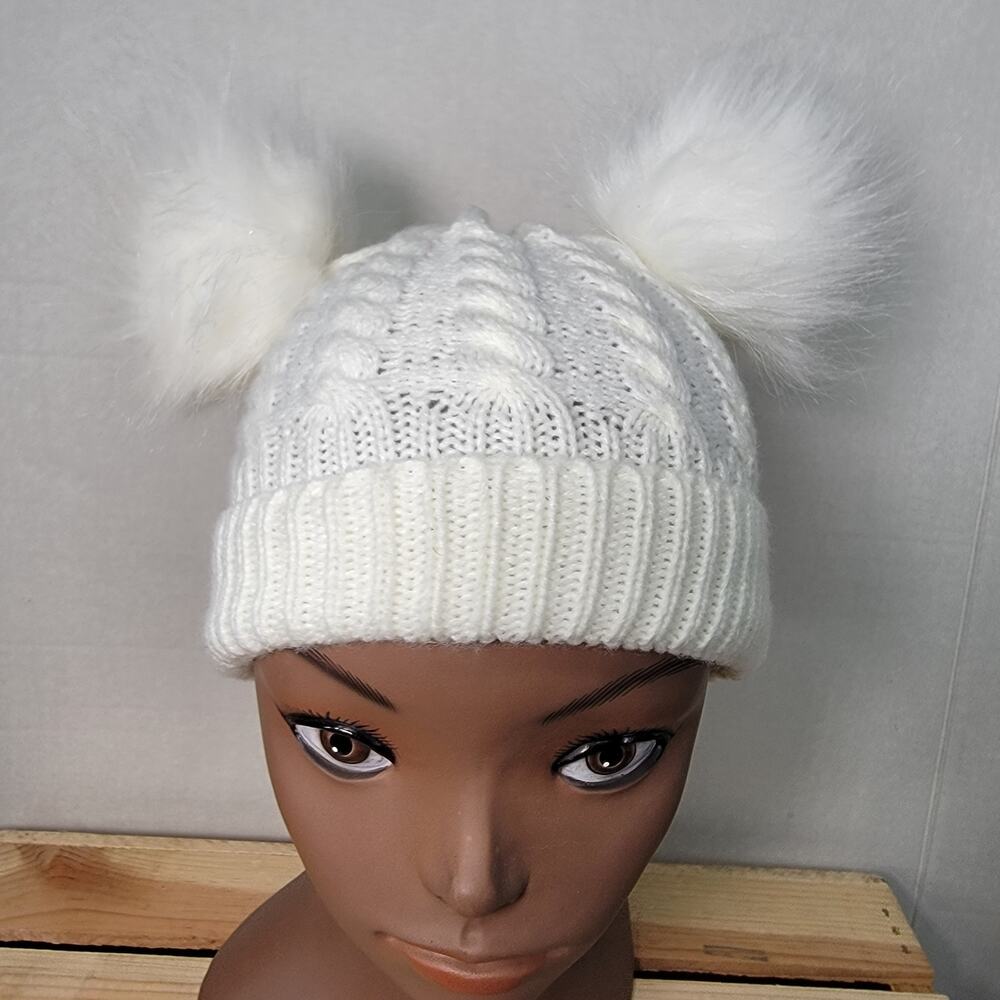 Infant Cream Knit Beanie w/ Faux Fur Pom Poms